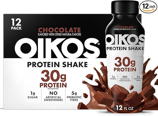 Oikos Protein Shake, Chocolate, 30g High Protein Drinks, Shelf Stable, Ready to Drink, 5g Prebiotic Fiber, 12 fl oz Bottle,