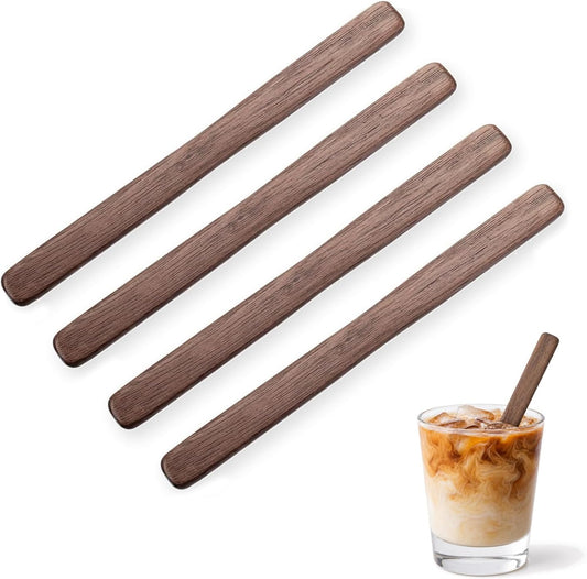 4Pcs Black Walnut Wood Coffee Stirrers 6″ Reusable Wooden Drink Stir Sticks for Coffee, Tea, Milk, Chocolate &amp; Jam Spreader