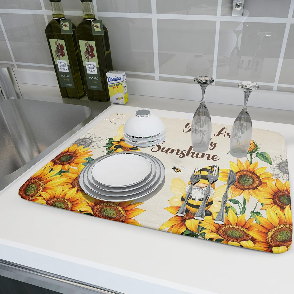 Giwawa Bee Gnomes Dish Drying Mat, Summer Sunflowers Elf Dish Drainer Mats for Kitchen Countertop, Vintage Sunshine Floral Absorbent Reversible Dish Drying Pad Decor, 18x24inches, Large