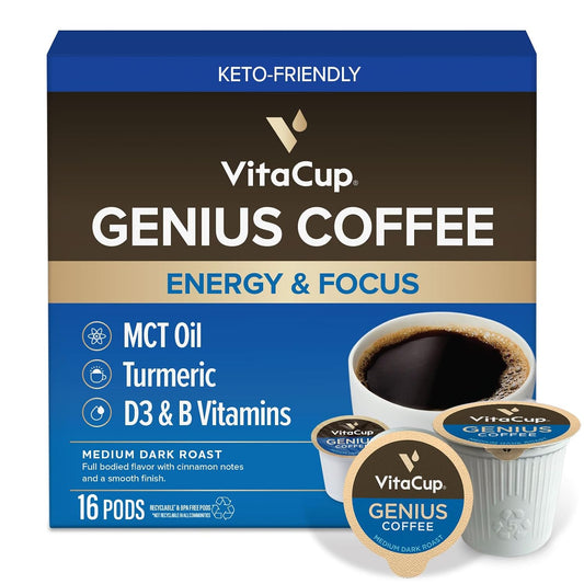 VitaCup Genius Keto Medium Dark Roast USDA Organic Coffee Pods, 16ct