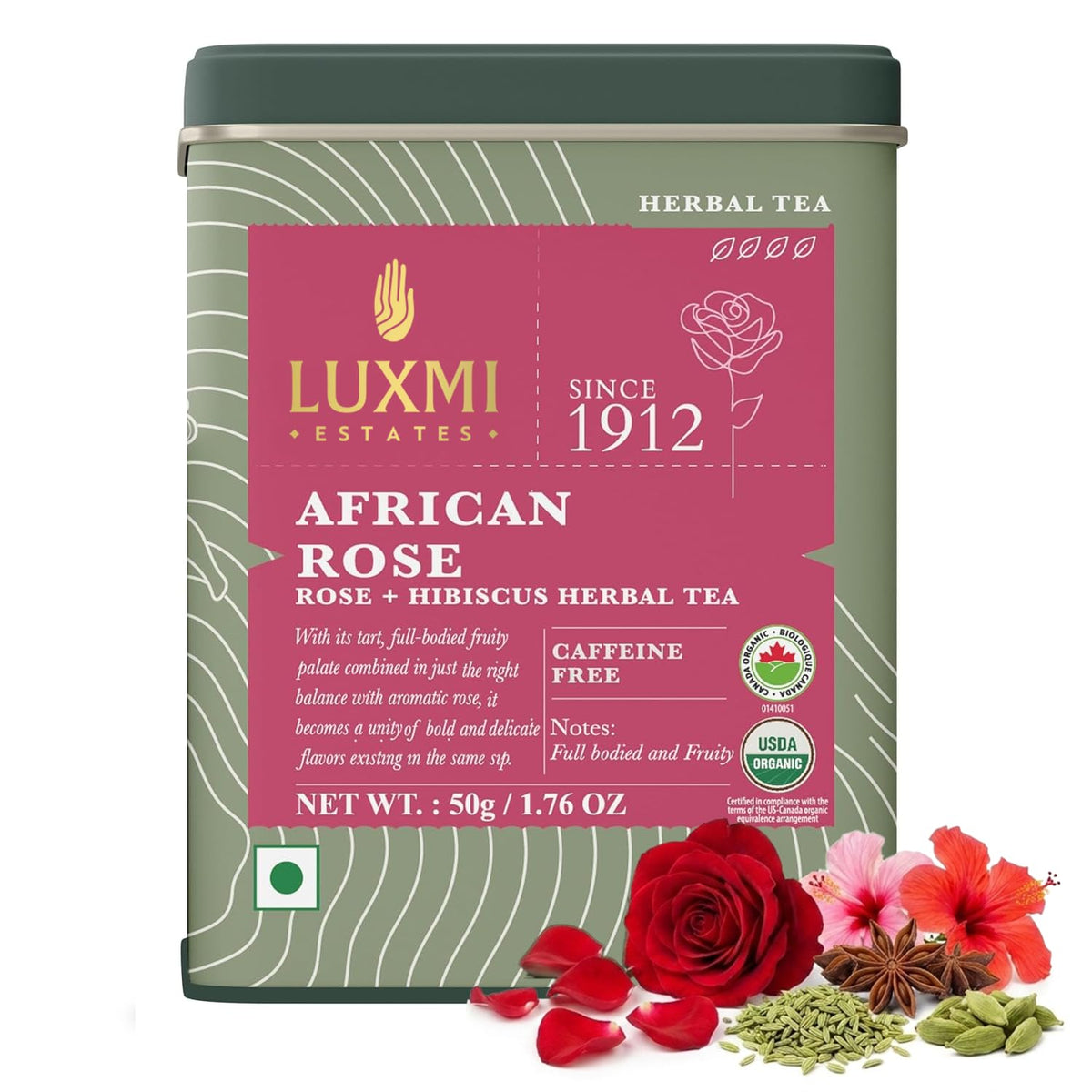 Luxmi Estates African Rose Hibiscus Tea | Loose Leaf, 50g (1.76oz, 25 Cups) | USDA Organic 8-Herb Floral Blend with Hibiscus, Rose Petals, Fennel, Cardamom, Chamomile, Star Anise &amp; Cornflower, Caffeine-Free, Vegan