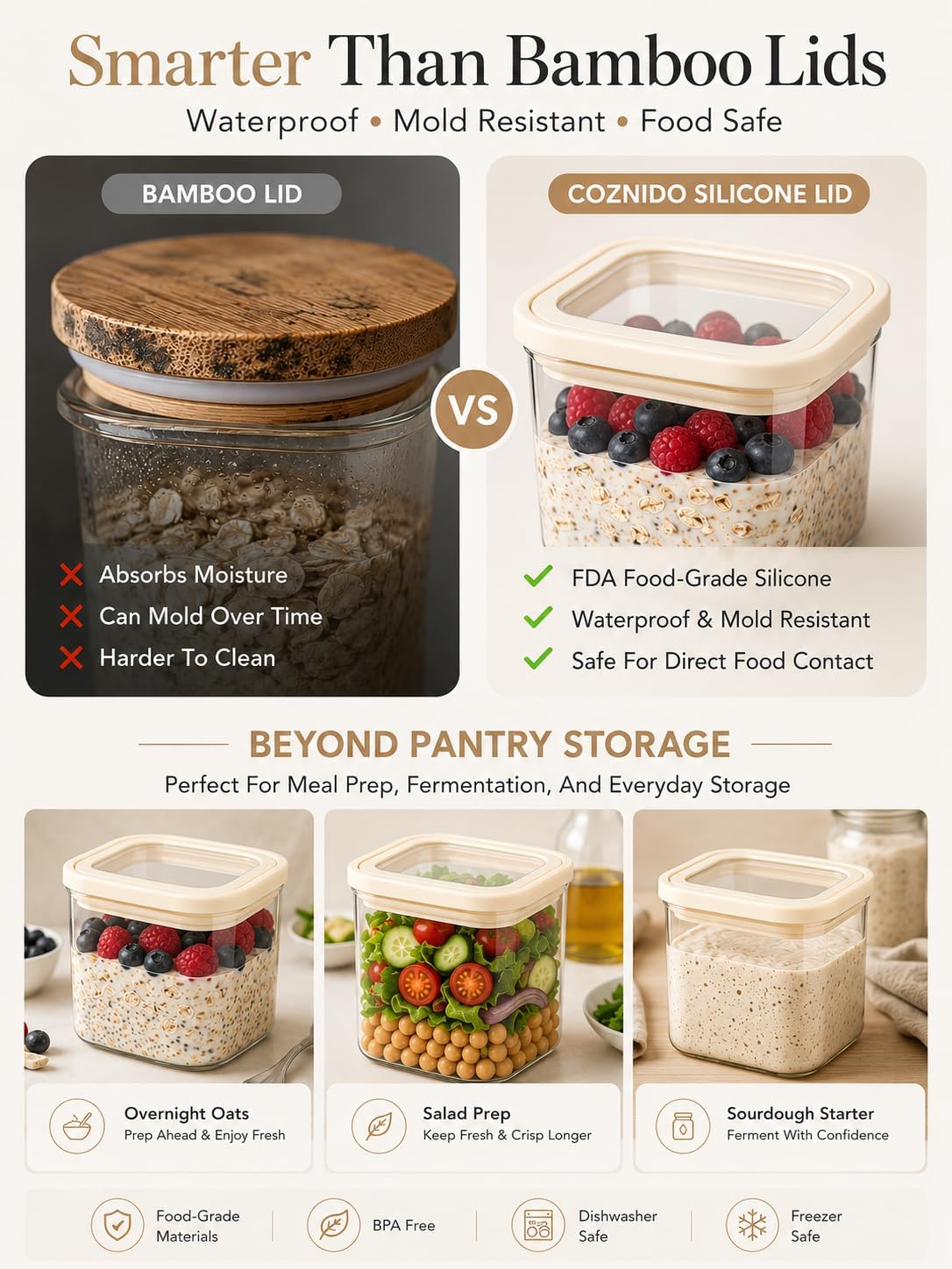 4pcs 25oz Square Pantry Glass Jars with Clear Airtight Lids Kitchen Canisters Sets for Flour, Sugar Refrigerator Safe, Patent Approved