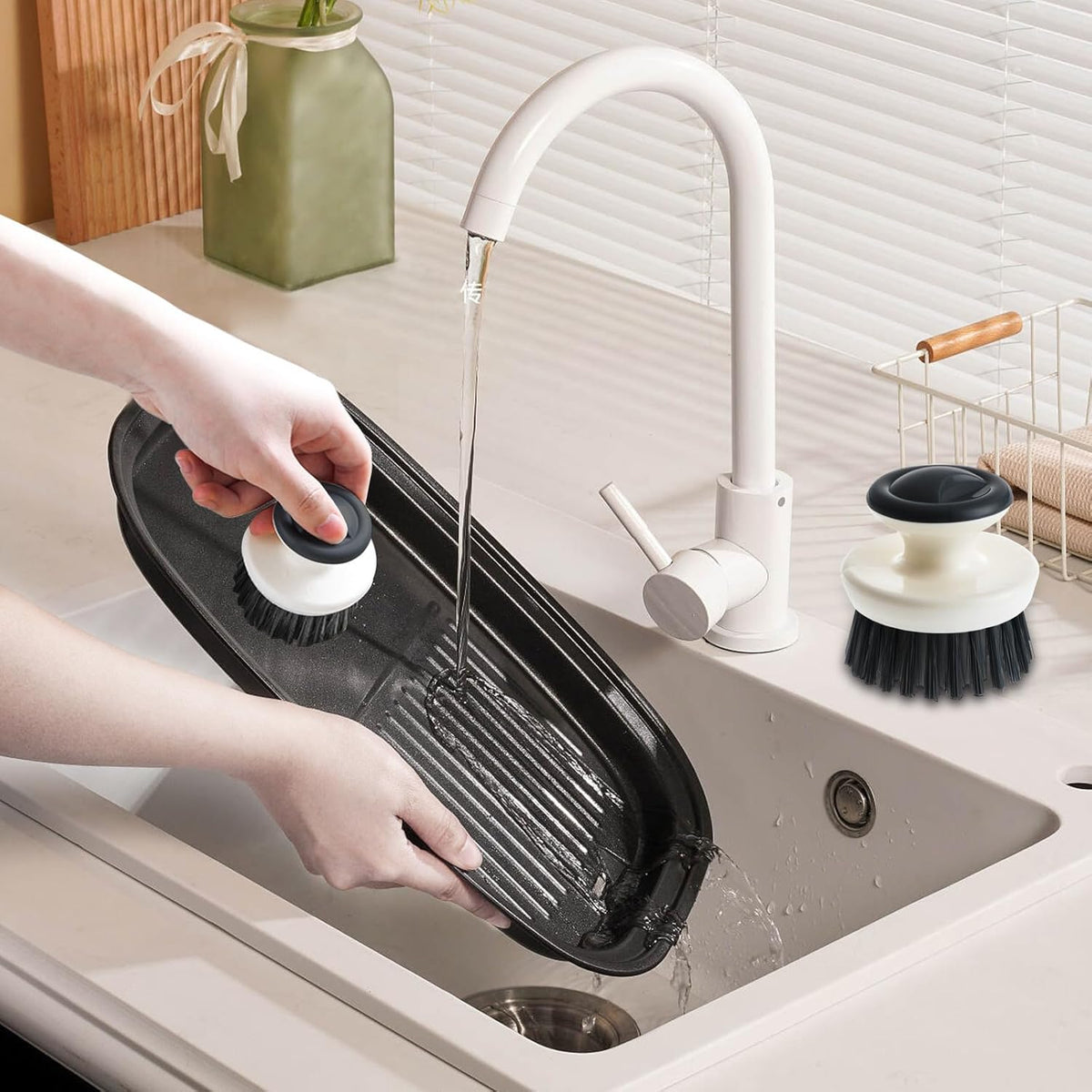 Dish Scrub Brush,Ergonomic Grip Palm Brush,Kitchen Scrub Brushes for Cleaning, Dish Scrubber with Stiff Bristles for Sink, Pots, Pans (Grey+Black)