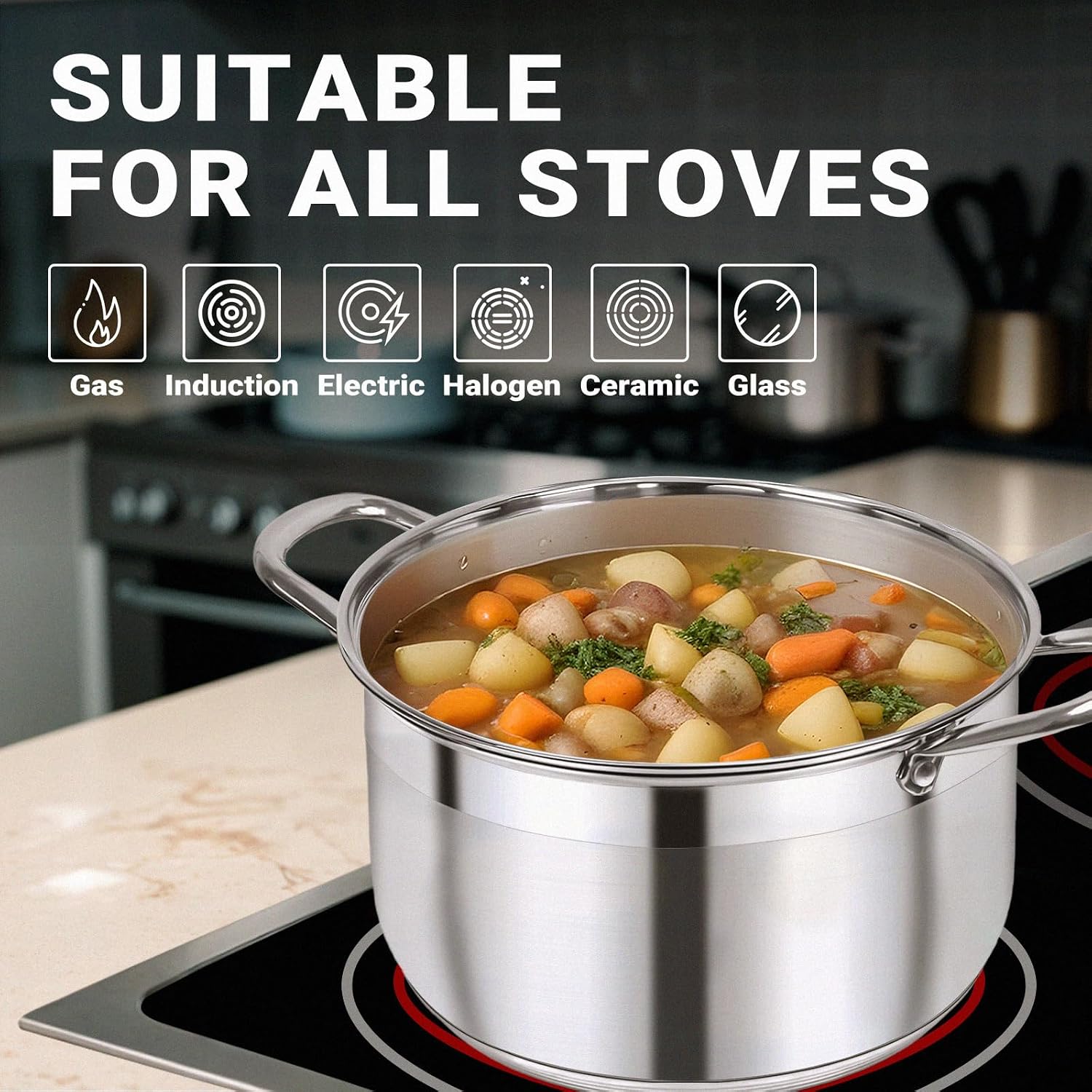 Kirecoo 8 Quart Stainless Steel Induction Stock Pot with Visible Lid | Heavy Duty, Even Heat, Thick Nonstick Base, Deep