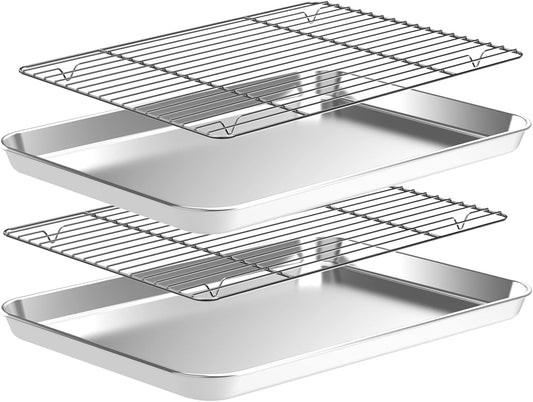 CEKEE Baking Sheet and Cooling Rack Set (2 Baking Pans + 2 Baking Racks), Stainless Steel Cookie Sheet Baking Pan Tray for Toaster Oven, Non Toxic &amp; Heavy Duty &amp; Easy Clean, Size 16 x 12 x 1 Inches