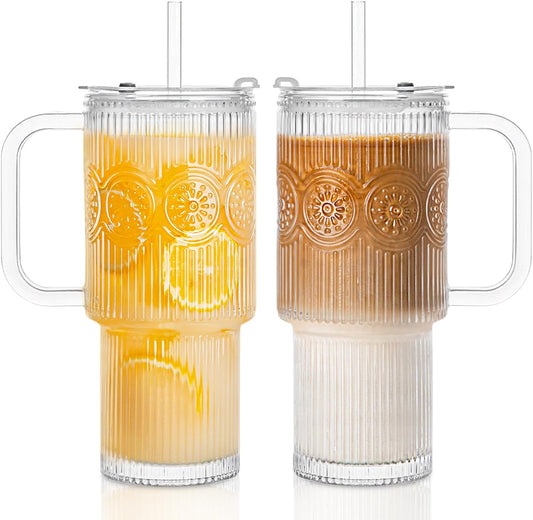 INSETLAN 26oz Ribbed & Floral Glass Tumblers with Handle and Lid, Set of 2 –Reusable Iced Coffee Cups with Straw, Glass Mugs