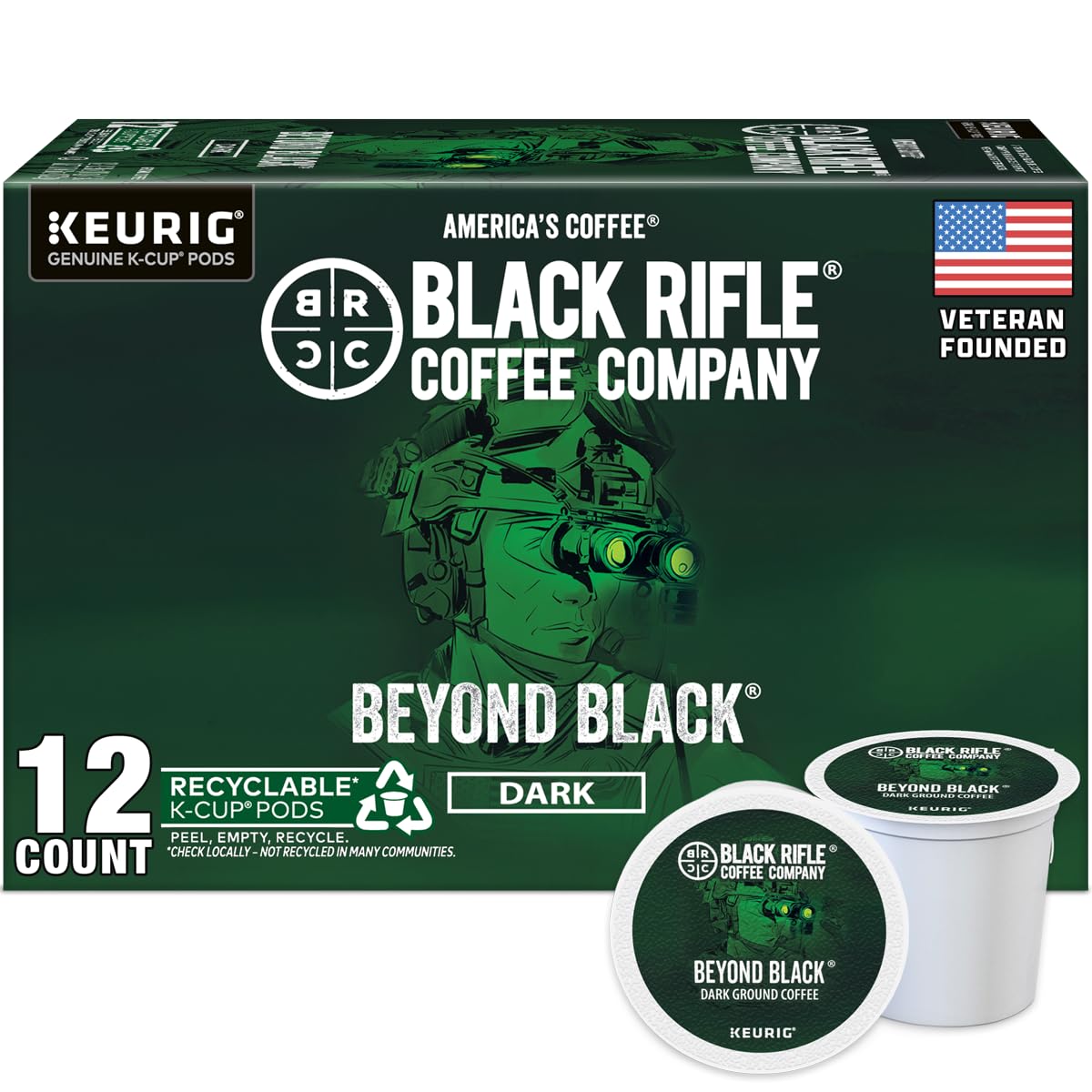 Black Rifle Coffee Dark Roast K Cup Coffee Beyond Black 12 Count | Veteran Founded, 100% Arabica, dark chocolate, caramel &amp; smoky finish, Fits All Keurig Models, coffee pods, dark roast coffee