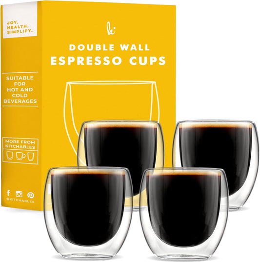 Kitchables Espresso Cups Set of 4, 2.7oz - Durable Double Walled Espresso Shot Glass - Expresso Shots Cup Compatible With