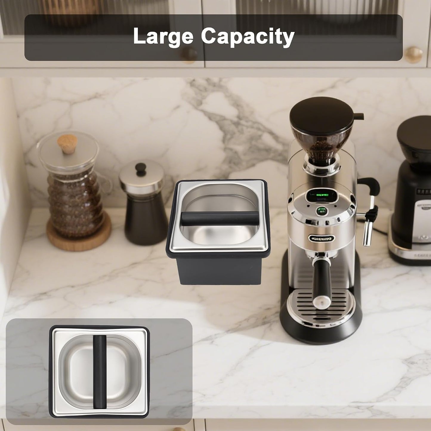 Espresso Knock Box, Coffee Knock Box for Espresso Grounds Disposal, Large Capacity, Equipped with Noise Reduction Rubber Ring &amp; Steel Holder, Ideal Tool for Espresso Machines, Black (Small)