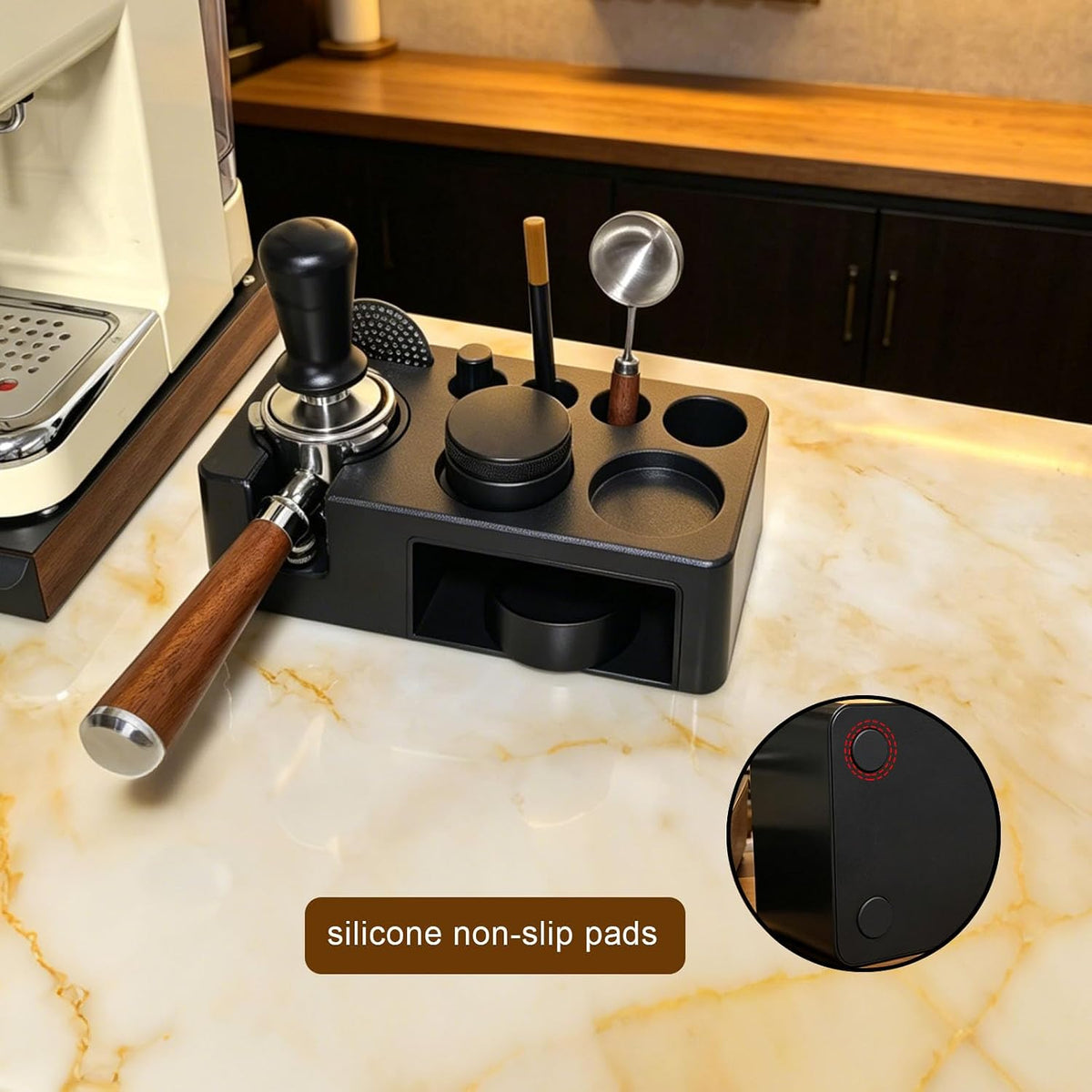 Espresso Tamping Station,Multifunctional Espresso Tamper Station,Adjustable Height Portafilter Holder,Espresso Tools Storage (Black, 51-58mm)