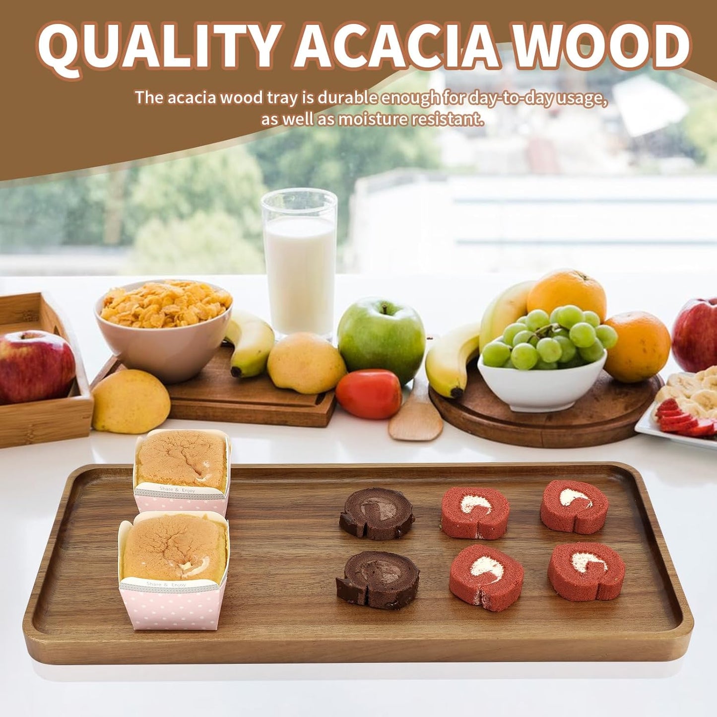 15.7" x 7" Large Solid Acacia Wood Serving Tray Rectangular Wooden Serving Platter Natural Wooden Board for Bar Coffee Party (1)