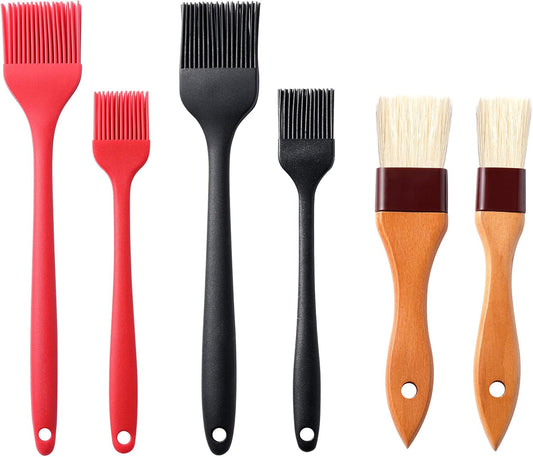 4 Pack Silicone Basting Pastry Brushes with 2 Wood Handle Culinary Oil Brushes, Heat Resistant Brush Set, Perfect for BBQ