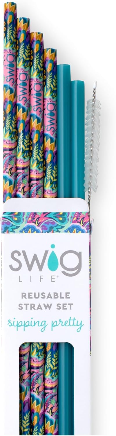 Swig Life Reusable Straw Set with Cleaning Brush, Bazaar + Teal | Reusable Straw Set - Cleaning Brush Included - 14 Inch Long - Accessories for Cups &amp; Mugs