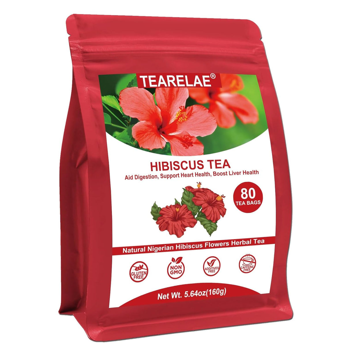 TEARELAE - Hibiscus Tea Bags, 80 Count, 100% Pure Hibiscus Flowers | Country of origin Nigeria, Non-GMO and caffeine-free, aid digestion and support heart health