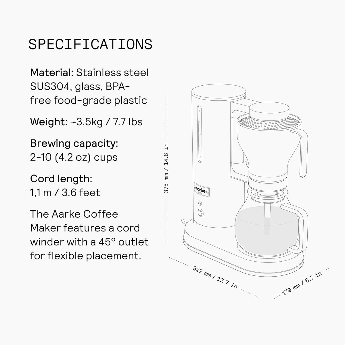 aarke Drip Coffee Maker with 42oz Glass Carafe