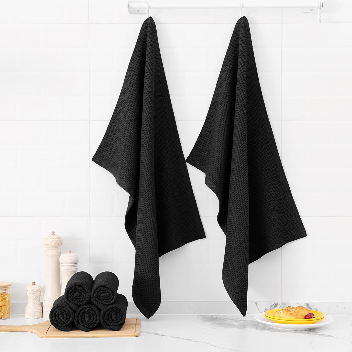 Kitinjoy 100% Cotton Waffle Weave Kitchen Towels, 4-Pack Super Soft and Absorbent Dish Towel for Drying Dishes, Kitchen Hand Towels, 20 in x 28 in, Black