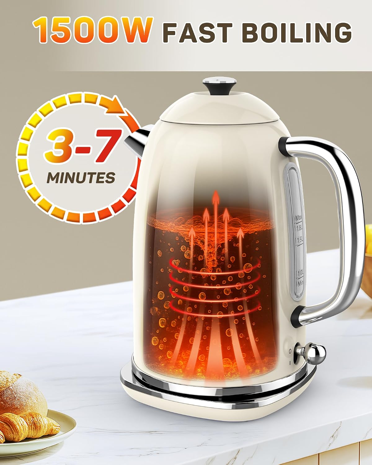 Harriet 61oz Electric Kettle with Thermometer, Retro Hot Water Boiler | 1500W Hot Water Kettle, Electric Tea Kettle for Boiling Water, LED Indicator, Auto Shut-Off &amp; Boil Dry Protection