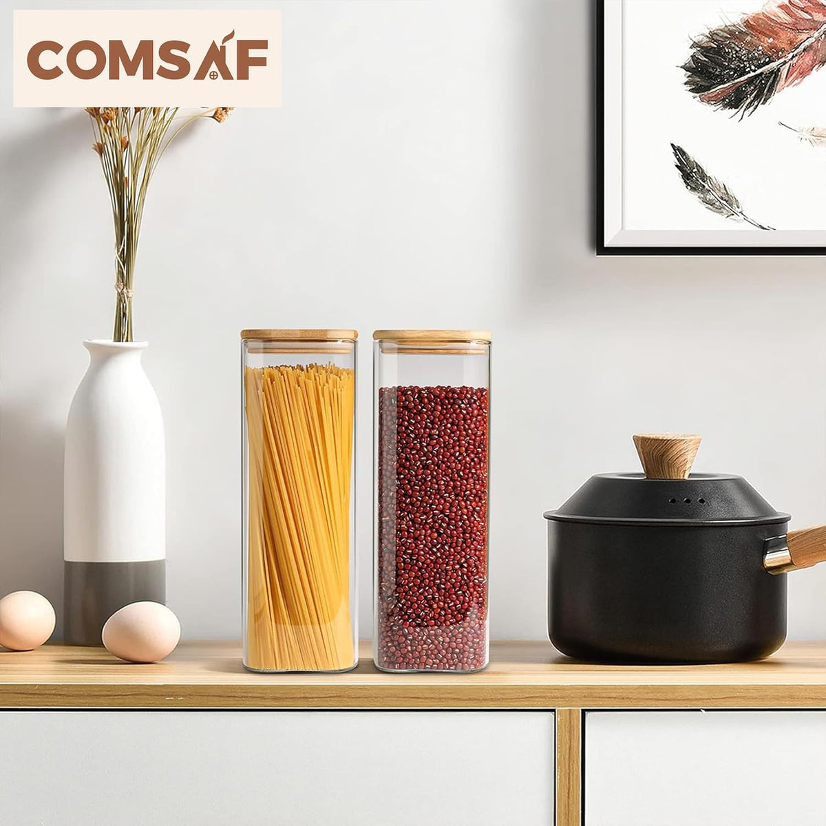 ComSaf Glass Spaghetti Pasta Storage Containers with Lids 2.2 Qt Set of 3, Tall Clear Airtight Food Storage Jar with Lid for Noodles Flour Oat Cereal Sugar Beans, Sqaure Spaghetti Pantry Containers
