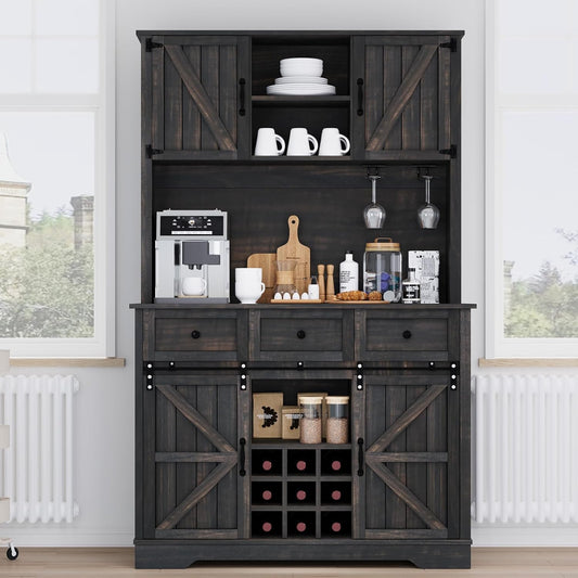 4 EVER WINNER 72" Coffee Bar Cabinet with Sliding Barn Door & Wine Racks, Hutch Cabinet with Storage and 3 Drawers,