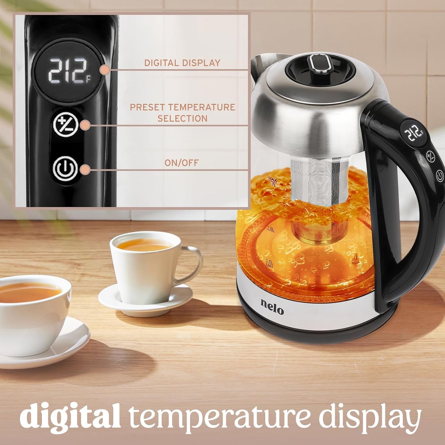 Nelo Electric Kettle with Removable Tea Infuser, 7 Temperature Presets, Digital Display, LED Indicator Lights, Glass Tea Kettle & Hot Water Boiler