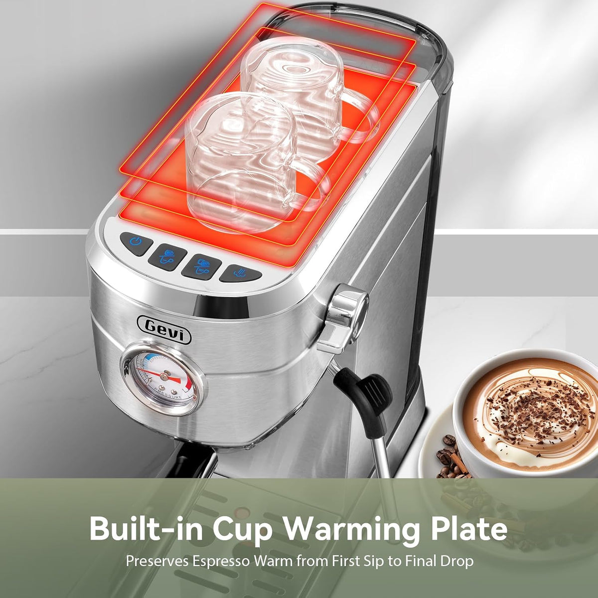 Gevi 20 Bar Compact Espresso Machine for Home,Latte、Cappuccino Coffee Maker | BPA-free;34oz Water Tank;Built-in Pressure Gauge;with Compatible Accessories;Can Make Americano;Easy to Clean;with Steam Wand