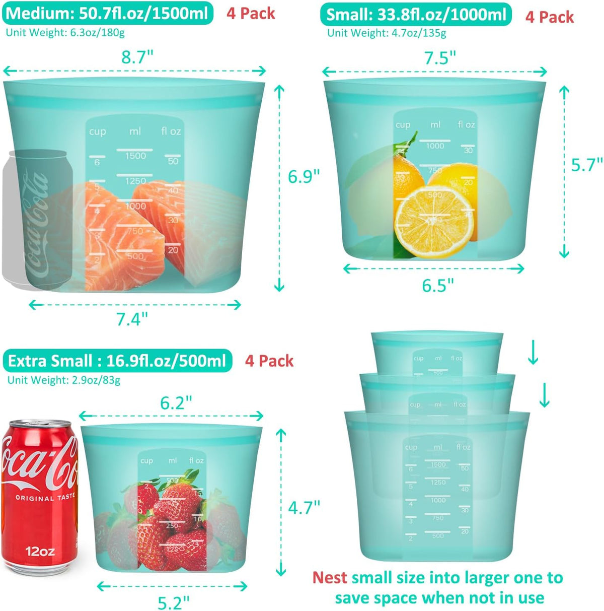 Reusable Food Bags, 12 Pack 100% Silicone Food Storage Bags Stand Up Zip Lock Container, Freezer Microwave Oven Dishwasher Safe, 4 Medium 4 Small 4 Extra Small, Aqua