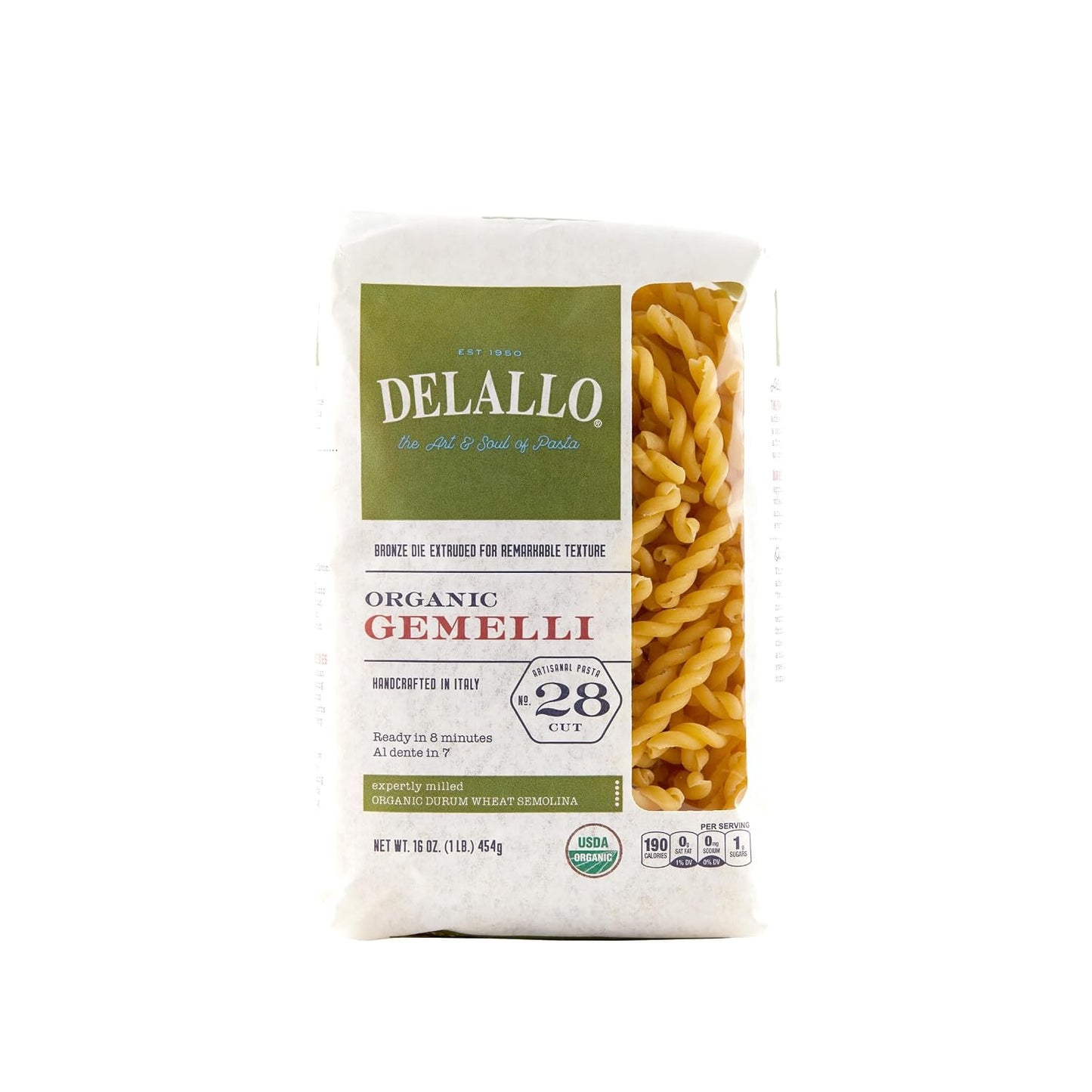 DeLallo Organic Gemelli Pasta, Made with 100% Semolina Durum Wheat Flour, Bronze Cut, Made in Italy, Non-GMO, Preservative Free, Vegan, Kosher, Twisted Pasta Shape, 1 Pound Bag, (8 Pack)