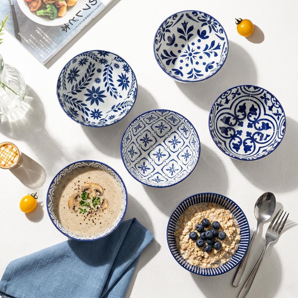 Cereal Bowls, 28 Ounce Ceramic Soup Bowls Set of 6, Large Bowl Set for Rice Salad Fruit Dessert Oatmeal Snack Ice Cream,Microwave &amp; Dishwasher Safe, Blue &amp; White