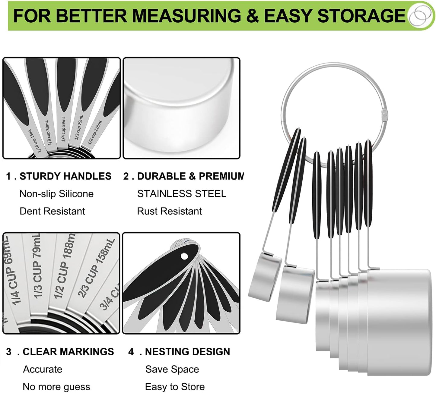 Measuring Cups and Measuring Spoons Set, Wildone Stainless Steel 8 Measuring Cups, 10 Measuring Spoons, 1 Leveler 1 Whisk &amp; 5 Mini Spoons, for Dry and Liquid Ingredient - 25 Piece Black