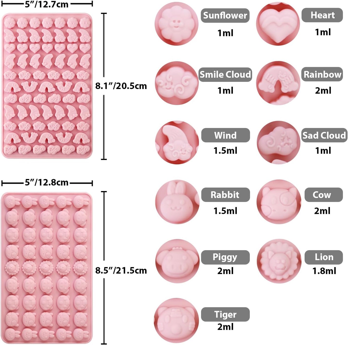 Animals & Flowers Silicone Candy molds, Non-Stick Gummy Bear Chocolate Gelatin Tray with 2 Droppers Creates 260 Alpaca, Clover, Animals