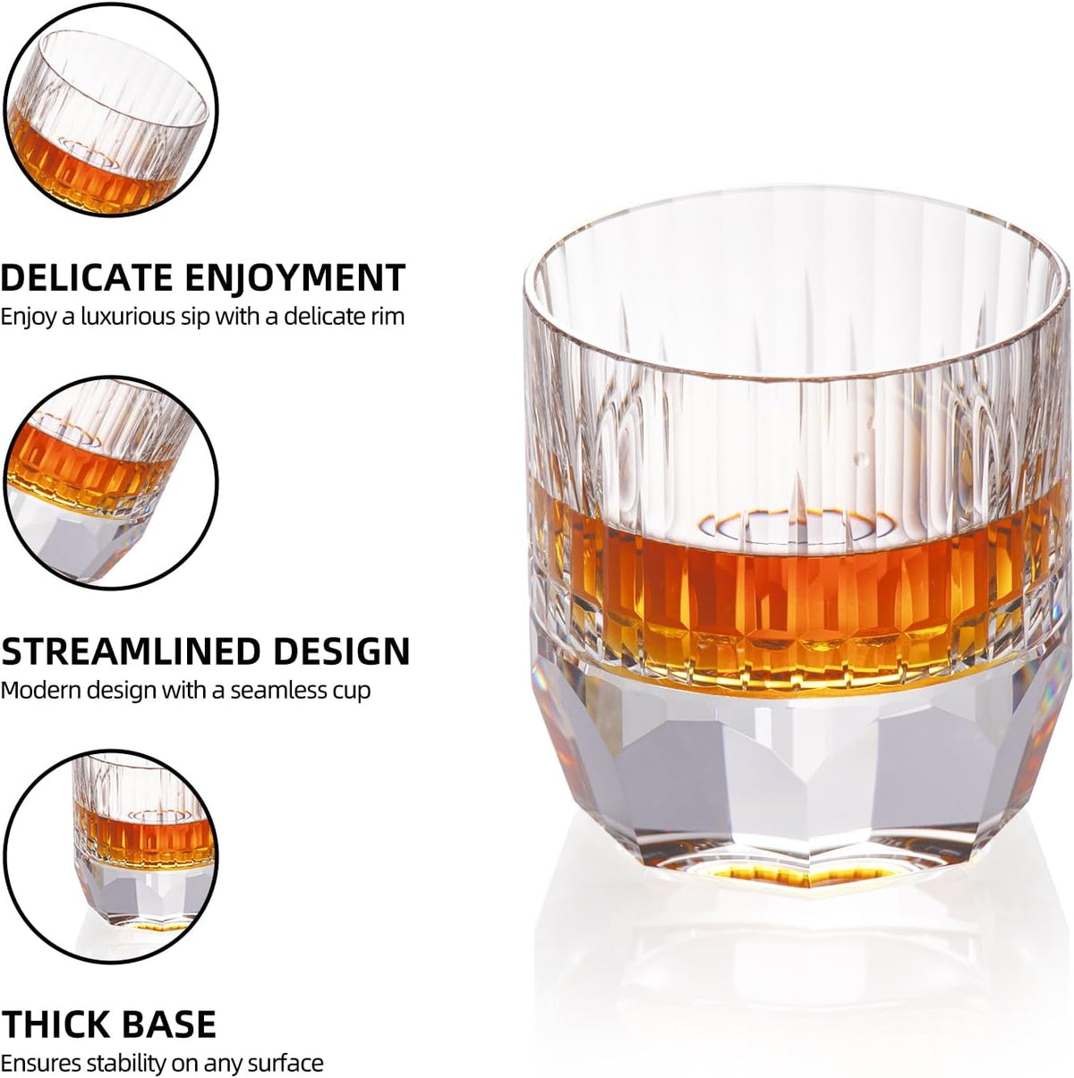 KAMMAK Crystal Whiskey Glasses Set of 2, 7.44oz Old Fashioned Glasses Stemless, Luxury Hand Blown White Cocktail Glasses, Handcrafted Cut Design Octagon Cup for Women, Men Gift for Bourbon
