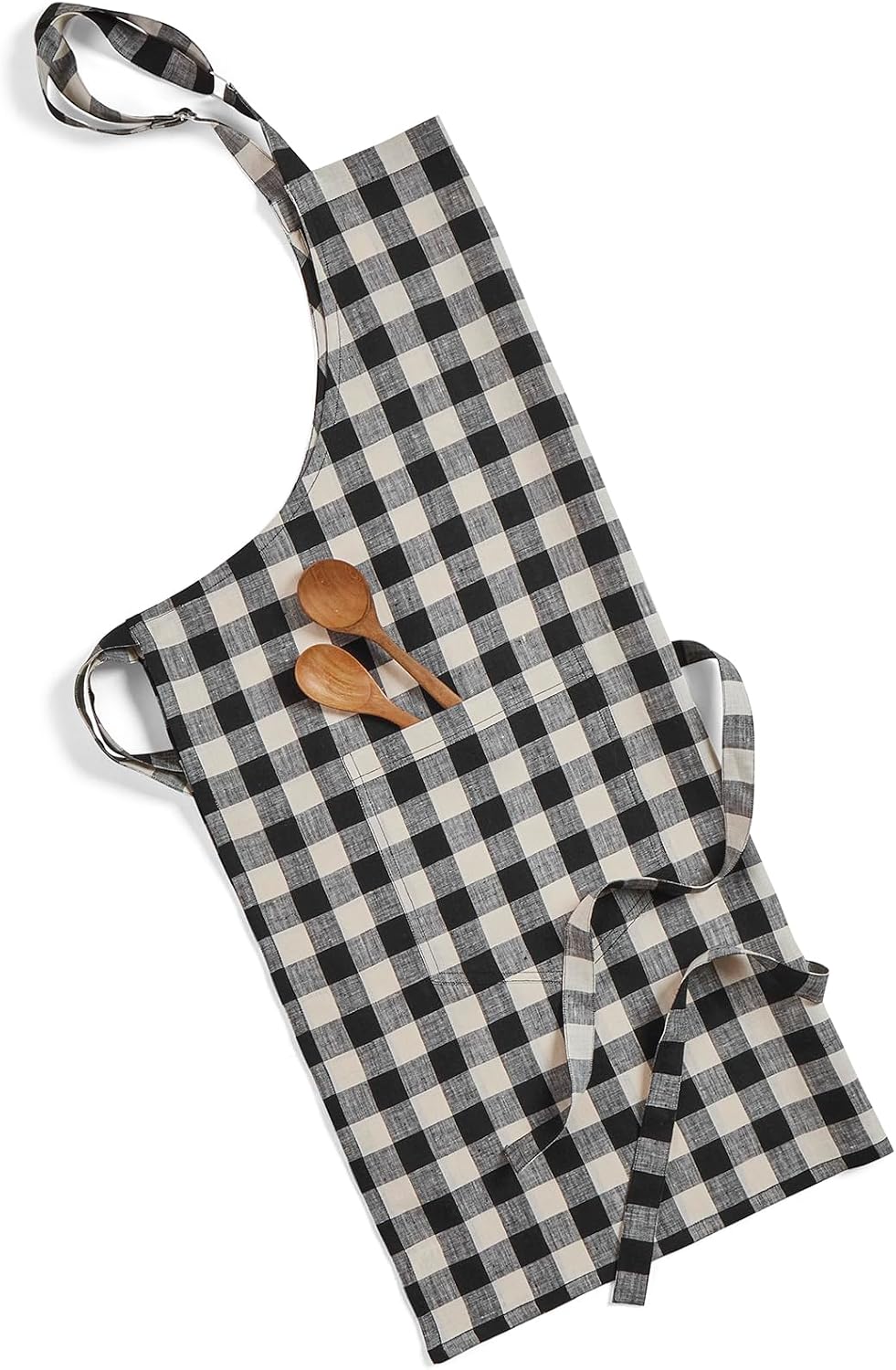 Solino Home 100% Pure Linen Apron, 33 x 30 in, Black and Cream, Bib Apron