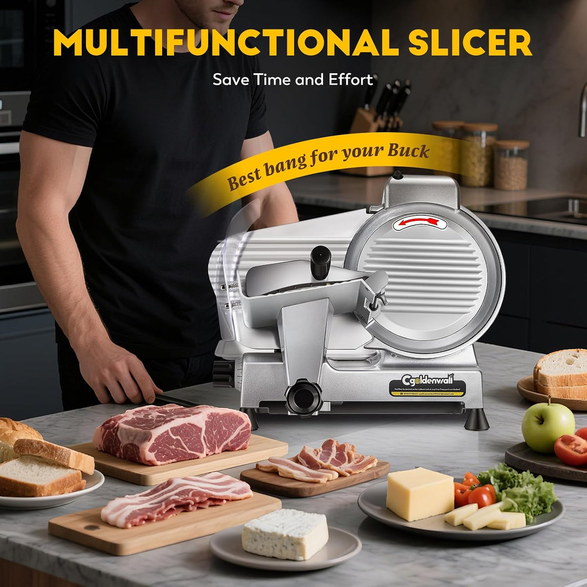 CGOLDENWALL Meat Slicer Machine with Teflon Non-stick Blade 240W Electric Meat Slicer for Frozen Meat/Deli Meat/Cheese/Food Slicer, Low Noises Commercial and Home Use