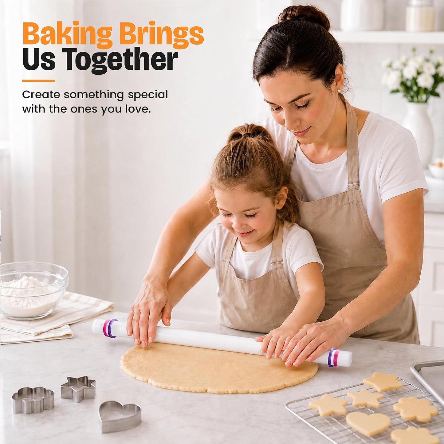 Bakerpan Fondant Roller Set - 3 Fondant Rolling Pins with Thickness Guide Rings for Fondant, Gum Paste, Sugar Paste &amp; Cake Decorating - 19.5", 13" &amp; 9"