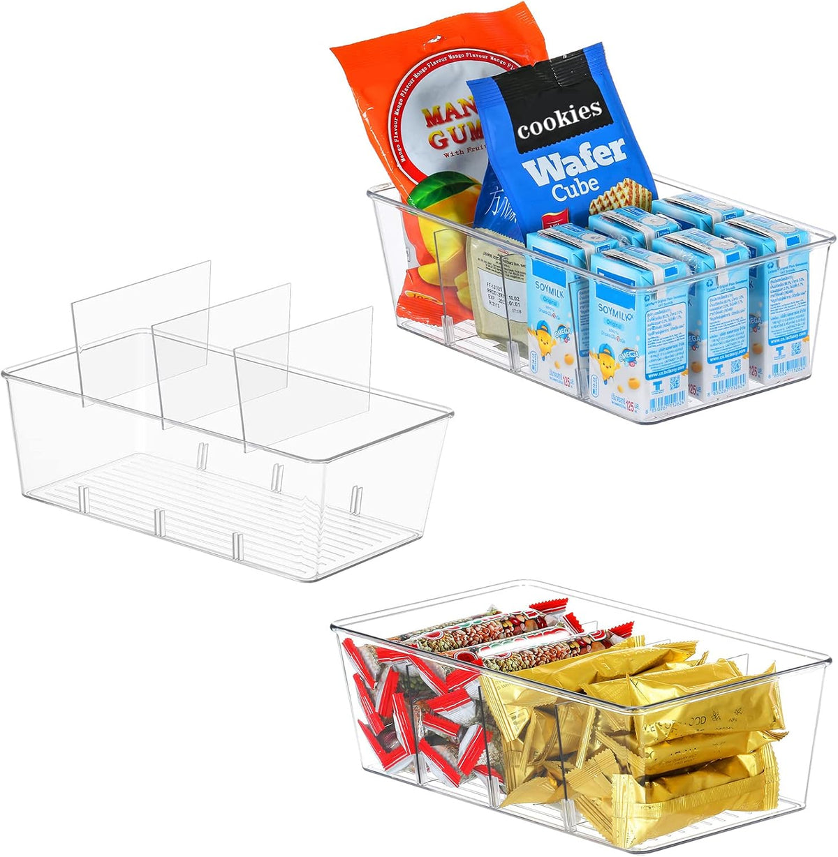 wilfox Pantry Organizer, 7 Pack Clear Organizer Bins with Removable Dividers, Pantry Organizers and Storage, Fridge Organizer and Cabinet Organizer for Snack, Pouches, Spice Packets