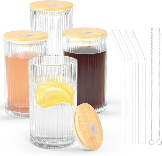 14 oz Drinking Glasses Set of 4 with Bamboo Lids Straws Striped Ribbed Glassware Set Vintage Glass Cups Embossed Iced Coffee