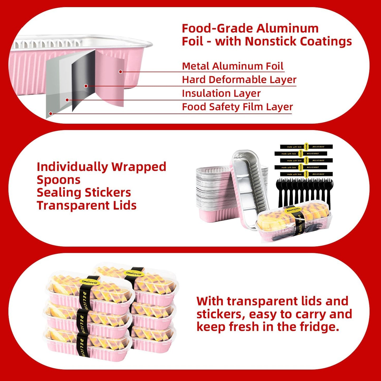 Mini Loaf Pans with Lids and Spoons Sealing Sticker,6.8oz Cake Pans for Baking Disposable Aluminum Foil Pink/Red cake pan (30, Pink)