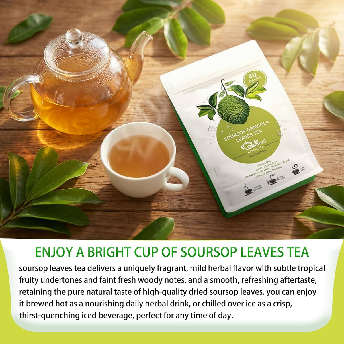 Samcci Soursop Leaves Tea Bags, 40 Counts, Pure &amp; Natural Sour Sop Leaves | Graviola Leaves Tea, Hoja Guanabana Tea, Gentle Digestive Comfort, Supports Skin &amp; Sleep , No Additives, Resealable Pouch