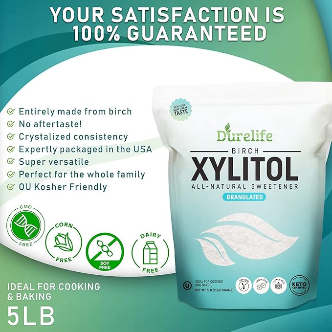 DureLife XYLITOL Sugar Substitute 1 LB (16 OZ) Made From 100% Pure Birch Xylitol NON GMO - Gluten Free - Kosher, Sugar alternative,