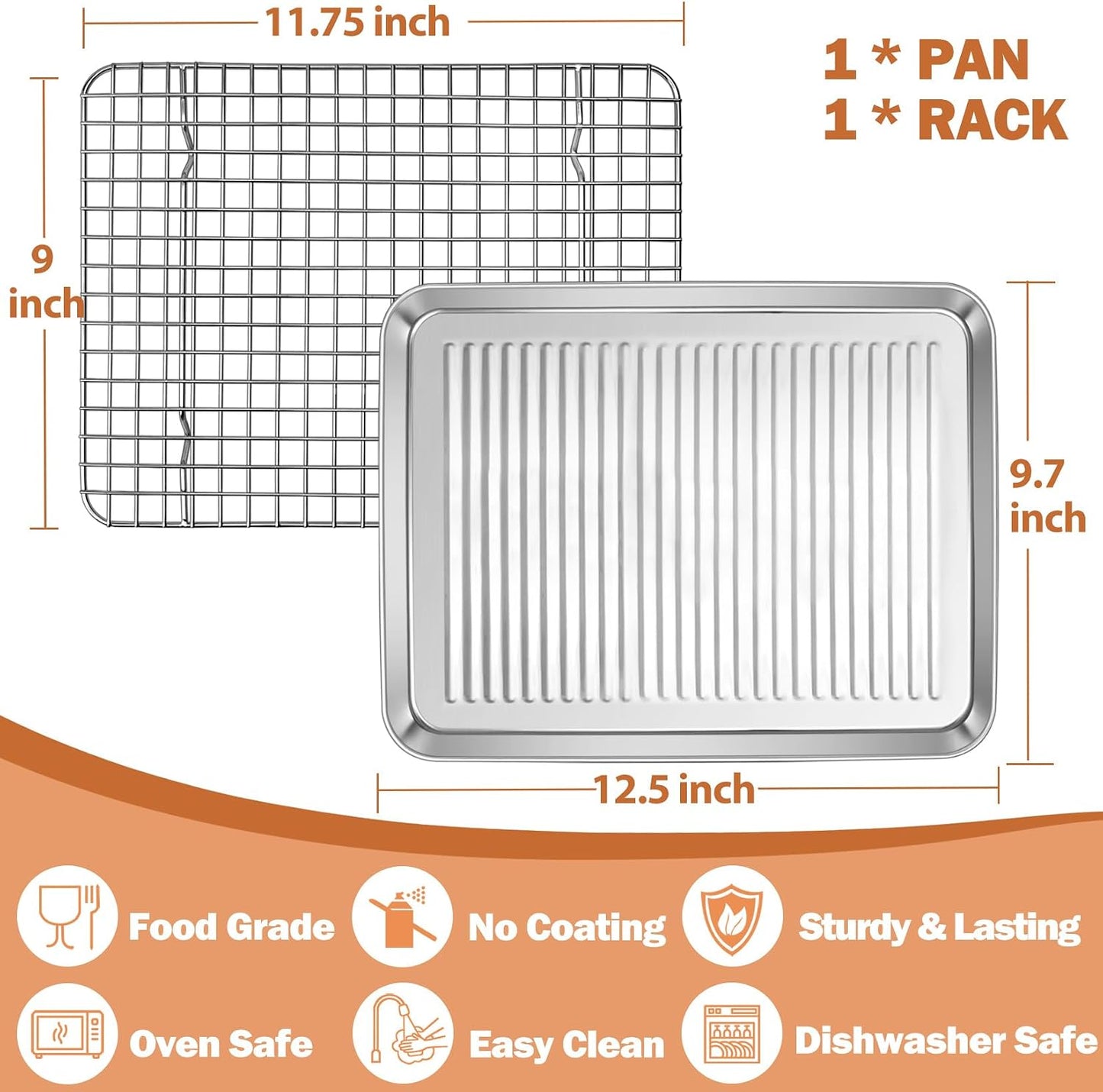 P&amp;P CHEF Baking Pan with Wire Rack, Oven Sheet Tray, 12.5 x 9.7 x 1 Inch | Stainless Steel Bacon Pan with Cooling Rack for Cooking Roasting Cookie, Dishwasher Safe &amp; Easy Clean,Heavy Duty &amp; Healthy