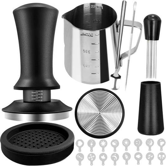 53mm Espresso Hand Tamper, 22 PCS Coffee Tamper Set, Espresso Accessories with 53mm Espresso Tamper, WDT Tool, Frothing Pitcher, Latte Art Pen, Coffee Stirrer, Tamper Mat, 16 Coffee Stencils