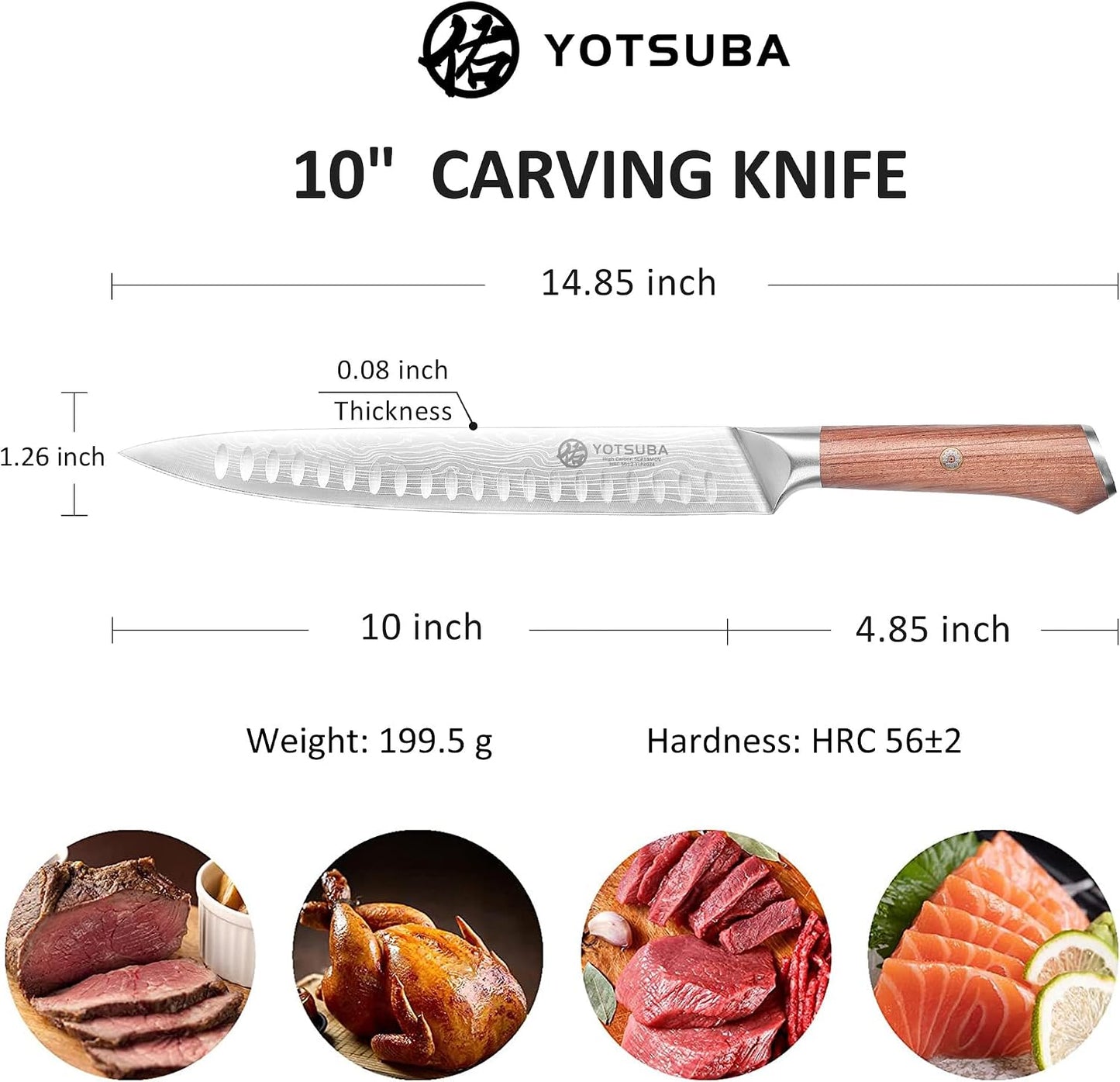 YOTSUBA 10 Inch Japanese Style Premium Natural Rosewood Carving Knife | Slicing Knife, High Carbon Steel Brisket Knives, Butcher Breaking Knives for Meat Cutting and Cooking with Gift Box