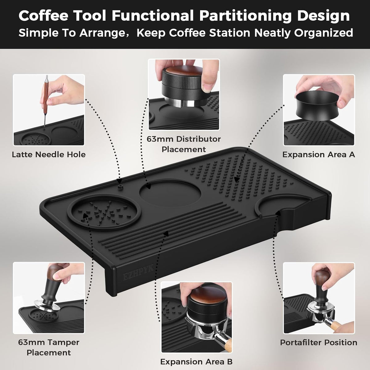 Silicone Espresso Tamping Mat for Counter Coffee Tamper Mat Black | 10.43″×5.63″ Portafilter Mat for Barista Espresso Machine Accessories, Waterproof Coffee Bar Mat, Heat Resistant Tamp Station