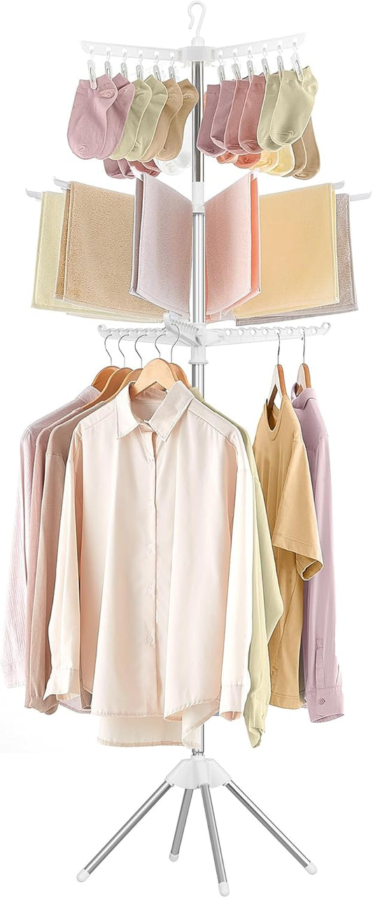 SONGMICS 3-Tier Clothes Drying Rack, 82.7-Inch Folding Laundry Drying Rack with 11 Rotatable Arms for Hangers, 24 Clips,