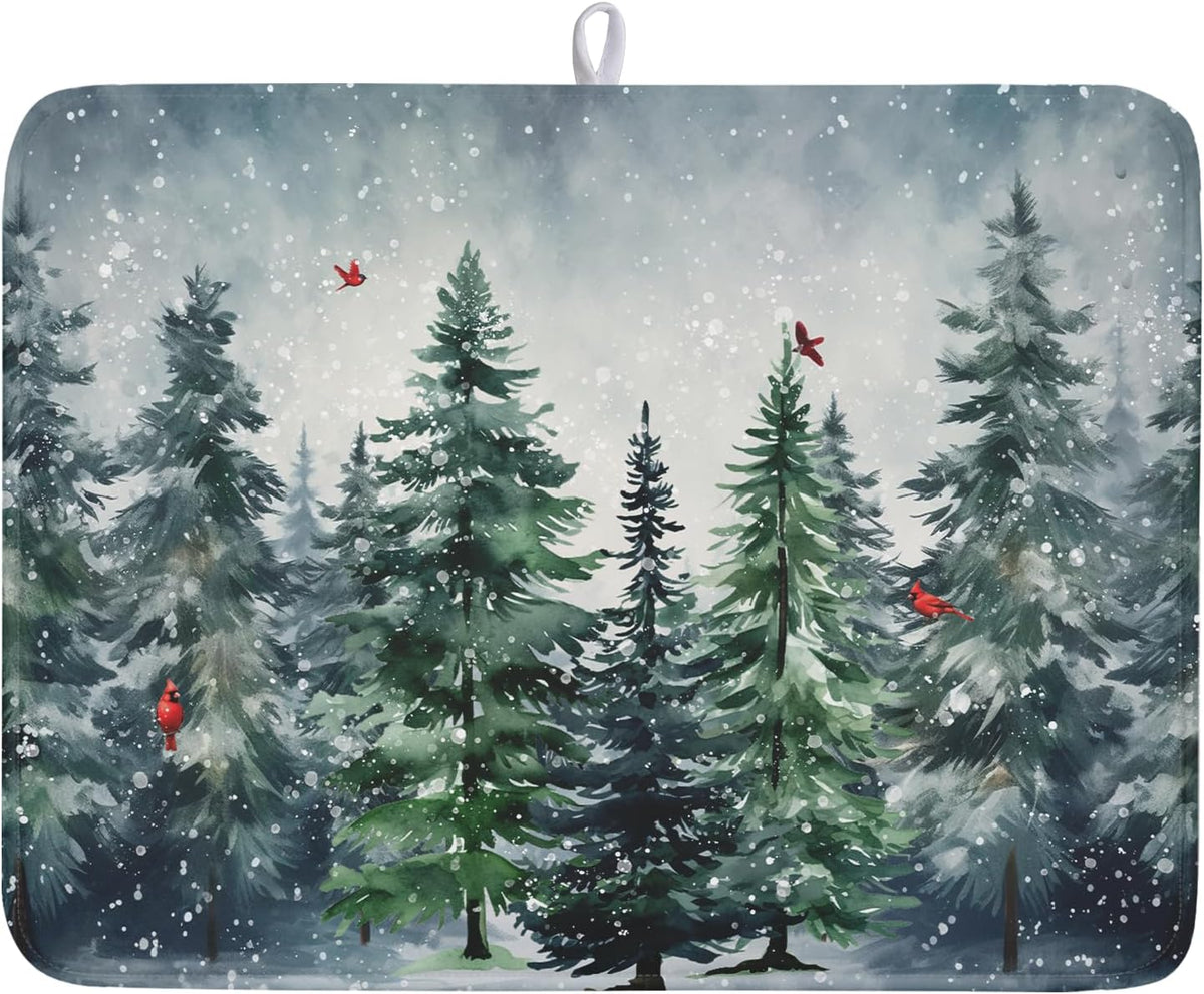 Winter Dish Drying Mat for Kitchen Counter Winter Pine Tree Dish Drying Mat 18x24 Inch Red Bird Christmas Dish Draining Mat
