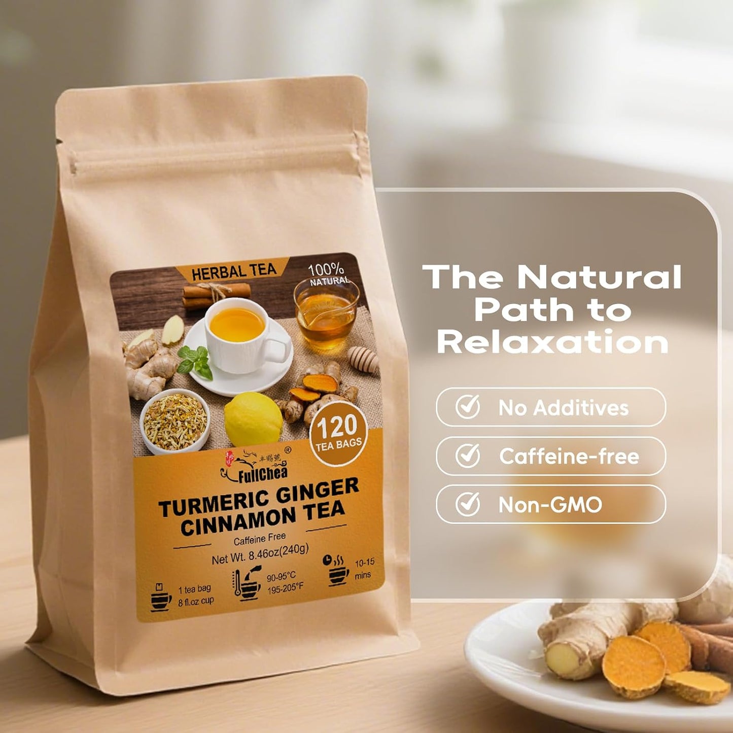 FullChea - Turmeric Ginger Cinnamon Tea Bags, 120 Count, Dried Herbal Blend | Pure turmeric ginger cinnamon herbal tea, naturally rich in antioxidants, Non-GMO, caffeine-free and easy to brew hot or iced