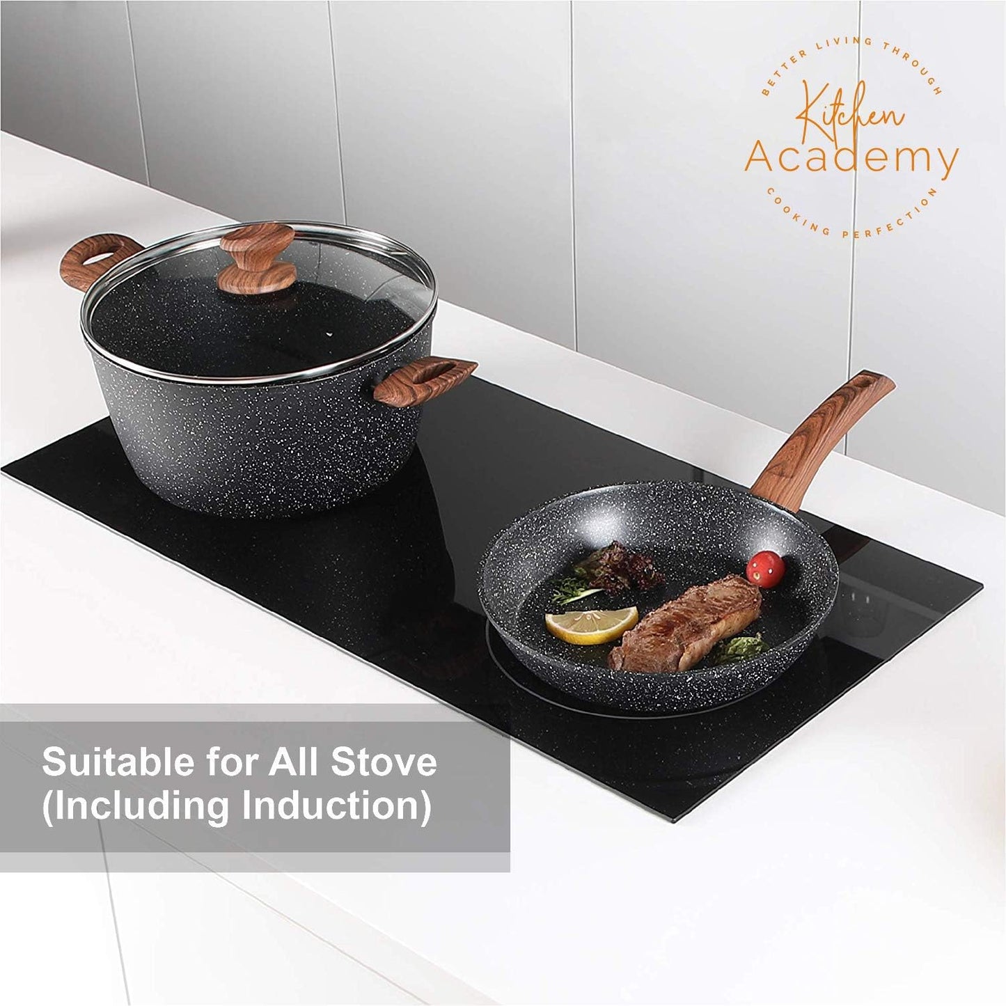 Kitchen Academy Pots and Pans Set Non Stick, 12pcs Induction Cookware | Nonstick Kitchen Cookware Set, Black Granite Coo