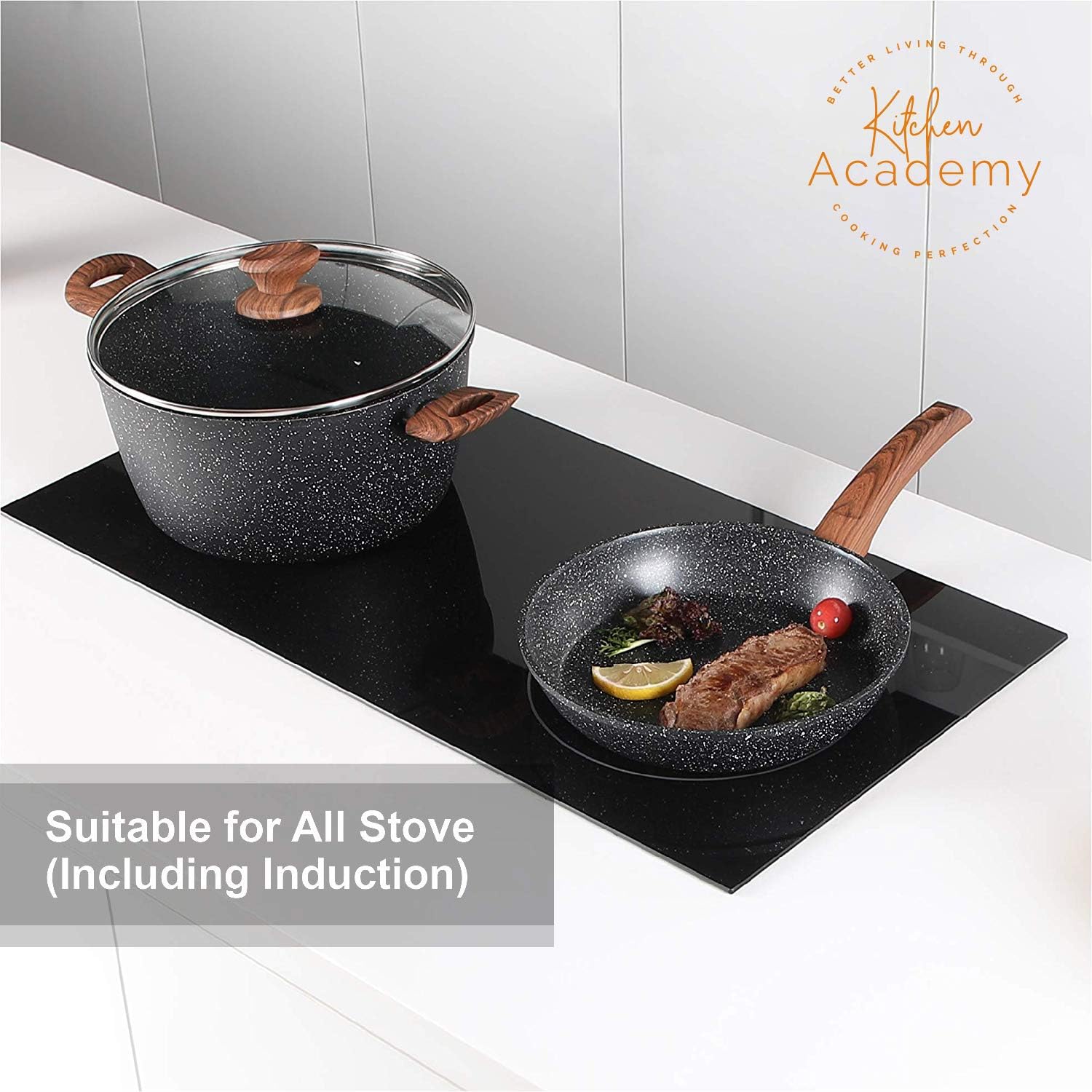 Kitchen Academy Pots and Pans Set Non Stick, 12pcs Induction Cookware | Nonstick Kitchen Cookware Set, Black Granite Coo