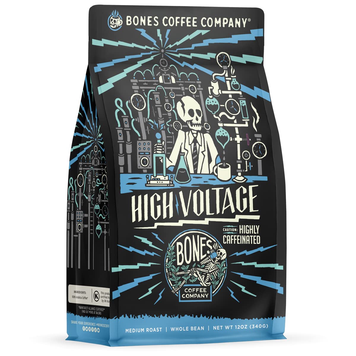 Bones Coffee Company High Voltage, Highly Caffeinated Unflavored Coffee, Medium Roast Low Acid Arabica Beans Compatible with Auto drip and French Press Coffee Maker, 12 Oz Ground
