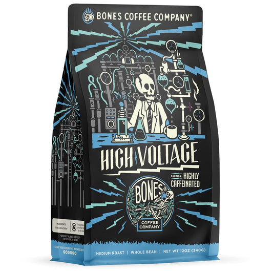Bones Coffee Company High Voltage, Highly Caffeinated Unflavored Coffee, Medium Roast Low Acid Arabica Beans Compatible with Auto drip and French Press Coffee Maker, 12 Oz Ground